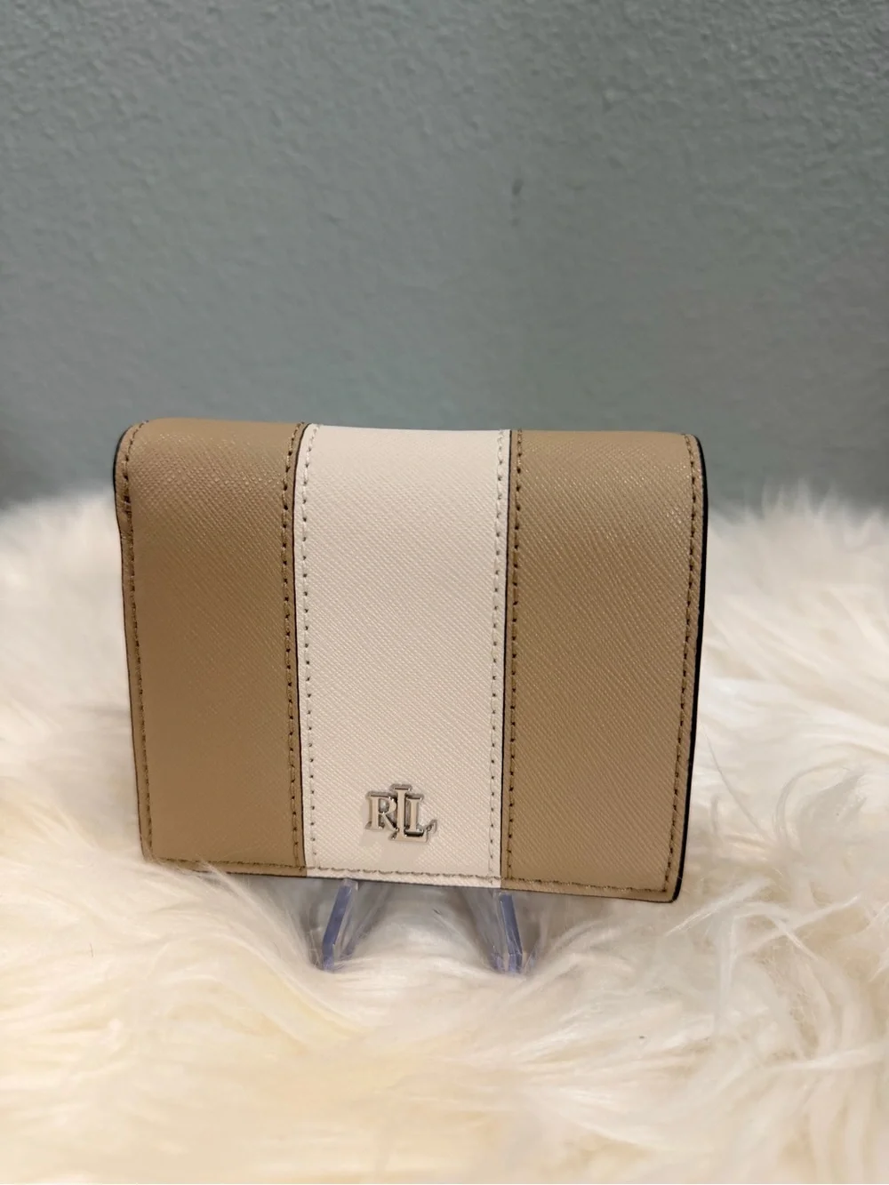 Ralph Lauren Small bifold Wallet Beige and White Stripe Saffiano